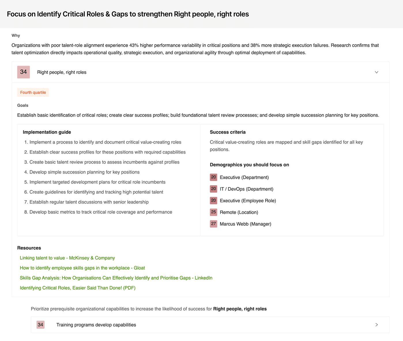 Organizational health dashboard showing leadership, process, and decision-rights scores